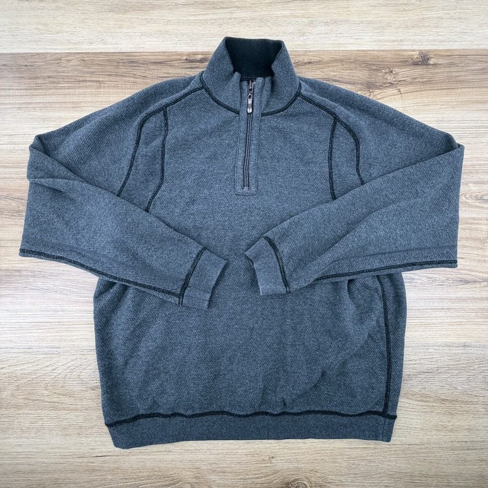 Tommy Bahama Sweater Men XL‎ Gray Black Pullover Quarter Zip Reversible Marlin